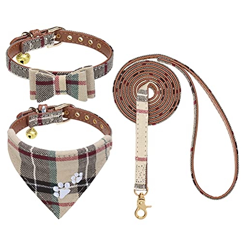 EXPAWLORER Stickerei Hundehalsband mit Leine - Verstellbarer Hundehalsband und Leine Set, weicher schöner Hundehalsband mit Tuch und Schleife, modernes Design ideal für Katzen und Hunde, Braun XS von EXPAWLORER