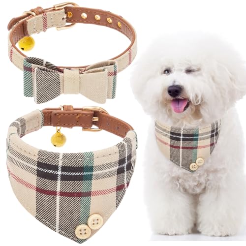 EXPAWLORER Hundehalsband und Bandana-Set – klassische karierte Fliege und Bandana-Halsband mit PU-Leder, verstellbare Halsbänder für kleine, mittelgroße und große Hunde und Katzen, Urlaubs-ideales von EXPAWLORER