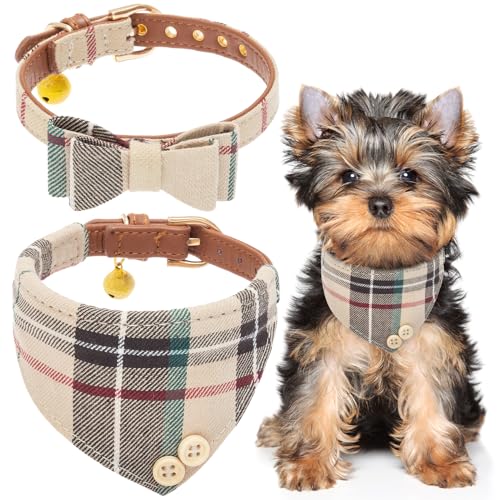 EXPAWLORER Hundehalsband und Bandana-Set – klassische karierte Fliege und Bandana-Halsband mit PU-Leder, verstellbare Halsbänder für kleine, mittelgroße und große Hunde und Katzen, Urlaubs-ideales von EXPAWLORER