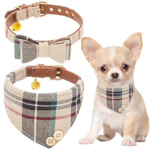 EXPAWLORER Halsband-Set, verstellbar, Bandana-Halsband und mit Fliege, PU-Leder, klassisches Karo, für kleine, mittelgroße und große Hunde und Katzen, Beige, Größe XS von EXPAWLORER