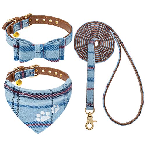 EXPAWLORER Stickerei Hundehalsband mit Leine - Verstellbarer Hundehalsband und Leine Set, weicher schöner Hundehalsband mit Tuch und Schleife, modernes Design ideal für Katzen und Hunde, Blau XS von EXPAWLORER