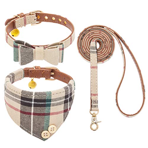 EXPAWLORER Hundehalsband und Leine, Set – klassisches Kariertes Hundehalsband mit Fliege und Hundehalstuch, Halsband mit Glocke, Hundeleine, verheddert Sich Nicht, verstellbare Halsbänder für kleine, von EXPAWLORER