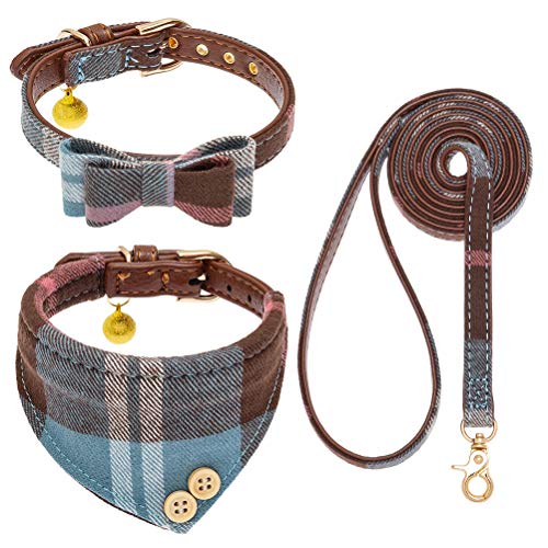 EXPAWLORER Hundehalsband und Leine, Set – klassisches kariertes Fliege und Hundehalstuchhalsband mit Glocke, keine Verhedderungen, verstellbare Halsbänder für Welpen, kleine Hunde und Katzen, ideales von EXPAWLORER