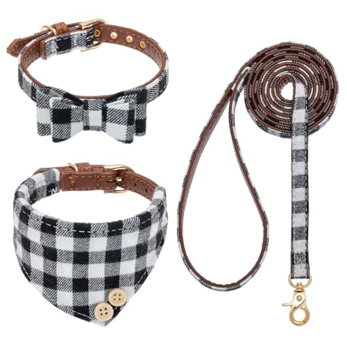 EXPAWLORER Hundehalsband und Leine, Set – klassisches kariertes Hunde-Fliege und Hundebandana-Halsband, Hundeleine verheddert sich nicht, verstellbare Halsbänder für mittelgroße Hunde, ideales von EXPAWLORER