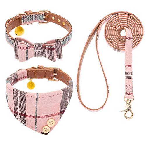 EXPAWLORER Hundehalsband mit Leine - Einstellbarer Hundehalsband mit Tuch Fliege und haltbarer weicher Hundeleine, moderner Halsband und Leine Set für Katze kleine mittelgroße große Hunde, Rosa XS von EXPAWLORER