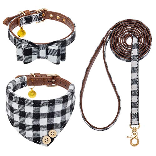 EXPAWLORER Hundehalsband und Leine, Set – klassisches kariertes Hundehalsband mit Fliege und Hundehalstuch, Halsband mit Glöckchen, Hundeleine, verheddert sich nicht, verstellbare Halsbänder für von EXPAWLORER