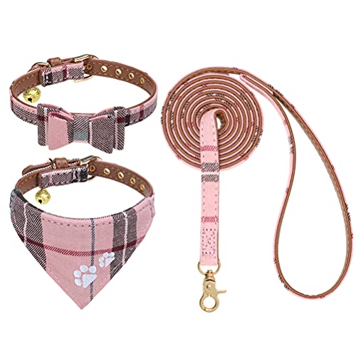 EXPAWLORER Hundeleinenhalsband-Set – 3 Stück Stickerei Pfotenabdrücke Plaid Hundehalsbänder und Leine verheddert sich nicht, Fliege und Bandana Halsband mit Glocke, verstellbares Halsband-Set für von EXPAWLORER