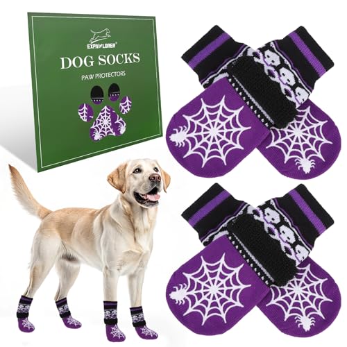 EXPAWLORER Hundesocken, Halloween-Motiv, verhindern Pfotenlecken, Hundestiefel mit Antirutschbeschichtung, für Holzböden, für kleine/mittelgroße/große/Seniorenhunde, Lila Geist, Größe L von EXPAWLORER
