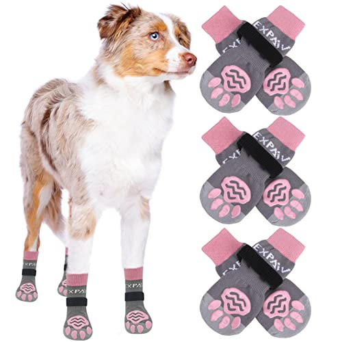 EXPAWLORER Hundesocken Anti Rutsch - 3 Paar doppelseitige Hundesocken Leckschutz weicher Pfotenschutz Hund Verletzung mit verstellbaren Riemen, Tolle Traktionskontrolle auf Holzboden, Rosagrau XL von EXPAWLORER