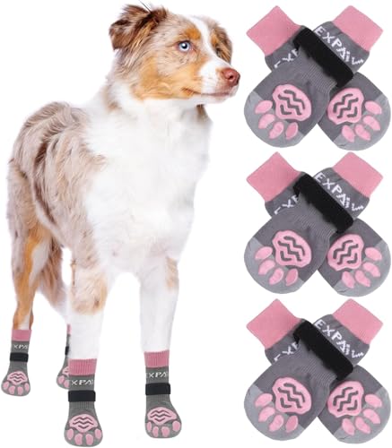 EXPAWLORER Hundesocken Anti-Rutsch doppelseitig, 3 Paar weiche Socken Leckschutz Hund Pfote, Pfotenschutz für Verletzung mit verstellbaren Klettverschlüssen, Traktion für den Innenbereich, Rosagrau XS EXPAWLORER Hundesocken Anti-Rutsch doppelseitig, 3 Paar weiche Socken Leckschutz Hund Pfote, Pfotenschutz für Verletzung mit verstellbaren Klettverschlüssen, Traktion für den Innenbereich, Rosagrau XS von EXPAWLORER