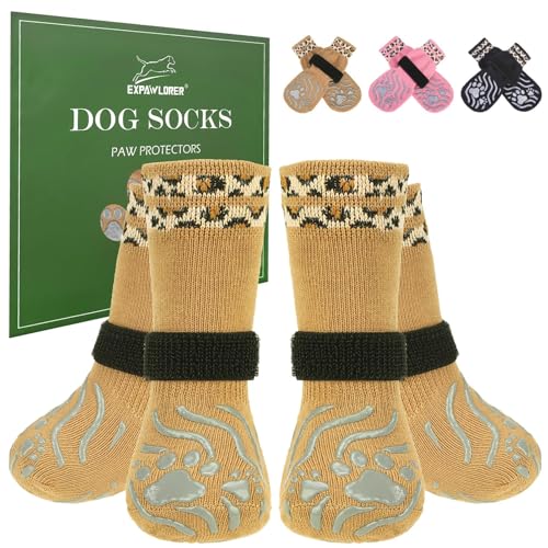 EXPAWLORER Hundesocken für heißen Bürgersteig gegen Lecken der Pfoten, rutschfeste Hundeschuhe für Hartholzböden, Stiefel und Pfotenschutz für kleine, mittelgroße und große Senioren, Khaki, Größe L von EXPAWLORER