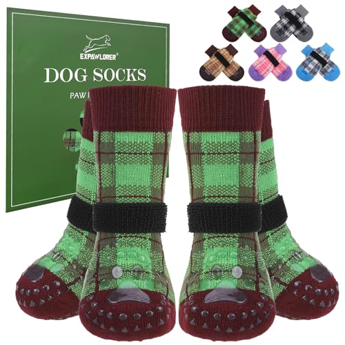 EXPAWLORER Hundesocken gegen Lecken der Pfoten, doppelseitig, rutschfest, mit Greifern, Hundeschuhe für Hartholzböden, Hundeschuhe für kleine, mittelgroße und große ältere Hunde, Grün, Größe M, 4 von EXPAWLORER