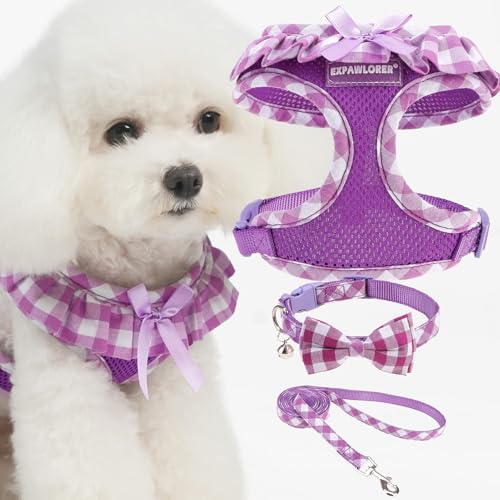EXPAWLORER Niedliches Hundegeschirr, Halsband und Leine, kariertes Design, abnehmbare Schleife, Haustierhalsband, verstellbar, kein Würgen, leichte Netzweste für kleine, mittelgroße Hunde, Größe M von EXPAWLORER