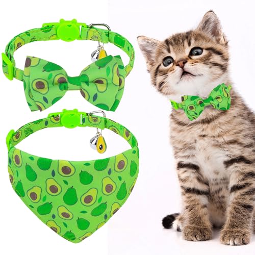 EXPAWLORER Niedliches Katzenhalsband mit Glöckchen – 2 Stück, Obst-verstellbares Haustierhalsband mit abnehmbarer Fliege und Bandana, Sicherheitsschnalle für Mädchen, Jungen, Katzen, Kätzchen, Avocado von EXPAWLORER