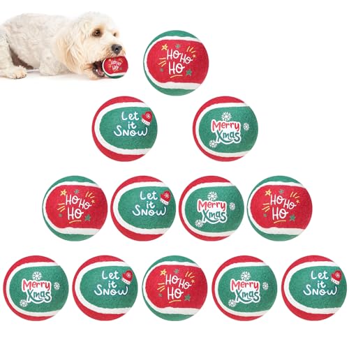 EXPAWLORER Quietschende Tennisbälle für Hunde – 12 Stück Weihnachten interaktives Zahnen Kauspielzeug, Xmas Apportier-Trainingsbälle für große, mittelgroße und kleine Hunde von EXPAWLORER