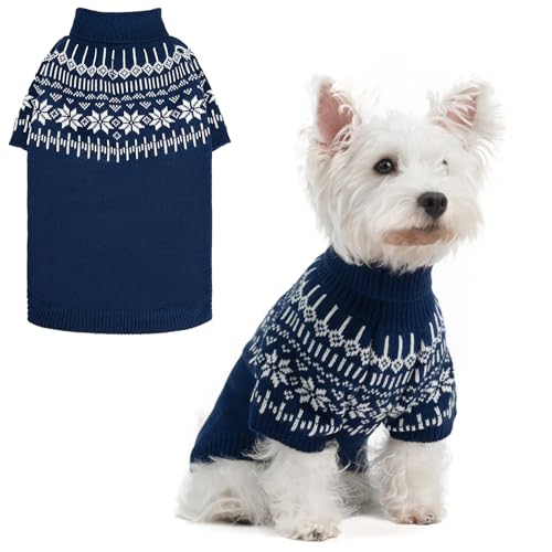 EXPAWLORER Rollkragenpullover für Hunde, Fair-Isle-Schneeflocken-Design, warmer Welpenpullover, britischer Stil, Winter-Outfit, Pullover für kleine, mittelgroße und große Hunde und Katzen, Blau, Größe von EXPAWLORER