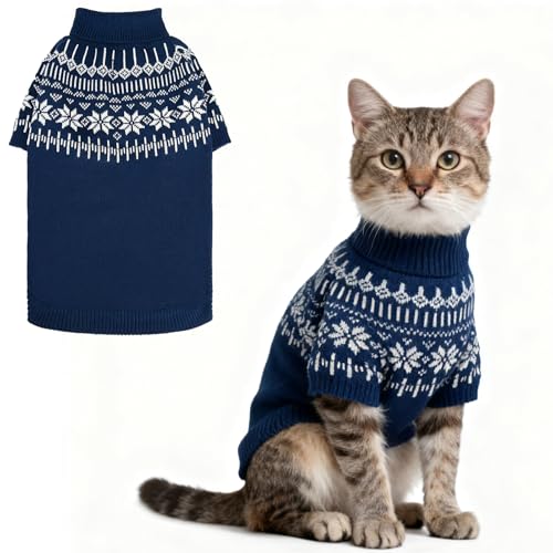 EXPAWLORER Rollkragenpullover für Hunde, Fair-Isle-Schneeflocken-Design, warmer Welpenpullover, britischer Stil, Winter-Outfit, Pullover für kleine, mittelgroße und große Hunde und Katzen, Blau, Größe von EXPAWLORER