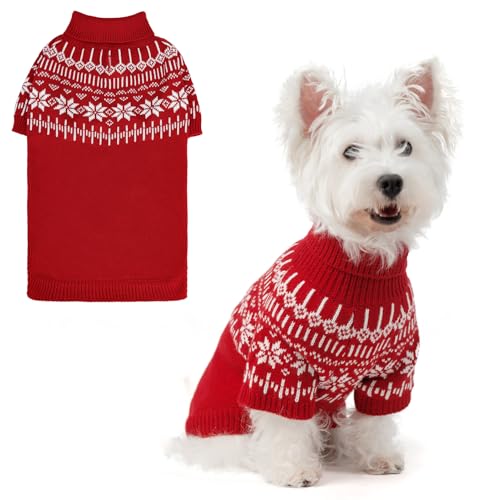 EXPAWLORER Rollkragenpullover für Hunde, Fair-Isle-Schneeflocken-Design, warmer Welpenpullover, britischer Stil, Winter-Outfit, Pullover für kleine, mittelgroße und große Hunde und Katzen, Rot, Größe von EXPAWLORER