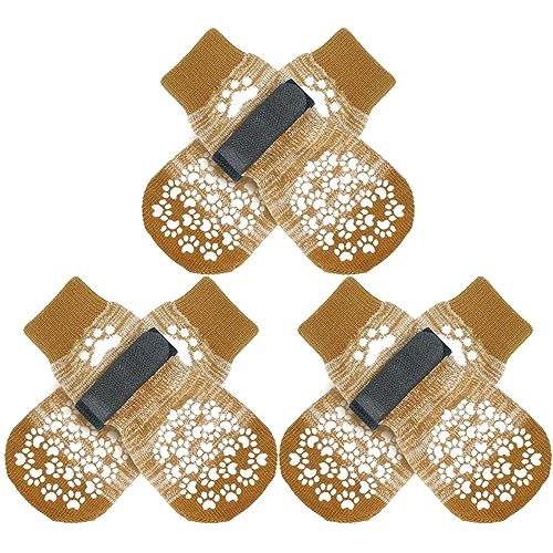 EXPAWLORER Hundesocken Anti Rutsch - 3 Paar doppelseitige Hundesocken Leckschutz weicher Pfotenschutz Hund Verletzung mit verstellbaren Riemen, Tolle Traktionskontrolle auf Holzboden, Beige XL von EXPAWLORER