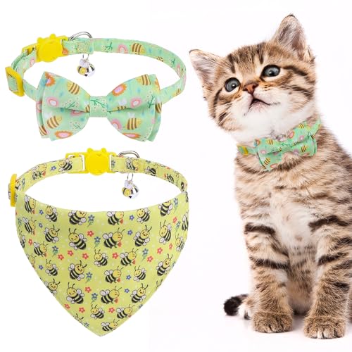 EXPAWLORER Spring Katzenhalsband mit Glöckchen – 2 Stück, niedliches Blumen-Katzenhalsband mit abnehmbarer Fliege und Bandana, verstellbares Sicherheitskätzchenhalsband mit Bienen-Anhängern für EXPAWLORER Spring Katzenhalsband mit Glöckchen – 2 Stück, niedliches Blumen-Katzenhalsband mit abnehmbarer Fliege und Bandana, verstellbares Sicherheitskätzchenhalsband mit Bienen-Anhängern für von EXPAWLORER