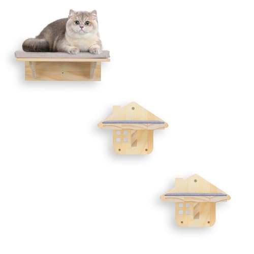 EXTFANS Kletterwand Katzen, Katzentreppe Wand 3er Set, Katzenhängematte aus Massivholz, Kratzbaum Wand Mit Gleitschutzmatte, Hängematte Katze, Katzen Kletterwand von EXTFANS