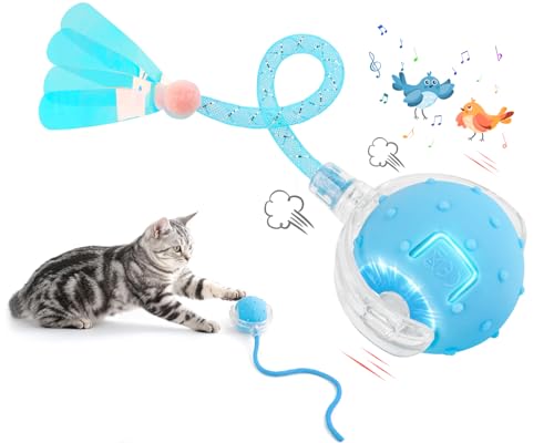 EXTFANS Katzenball Elektrisch mit 2 Schwanzseilen - Elektrischer Katzenspielzeug Ball, Interaktives Katzenspielzeug mit 4 Modi & Vogelstimmen, 360° Powerball & USB-Ladung (Blau, 4 Modes) von EXTFANS