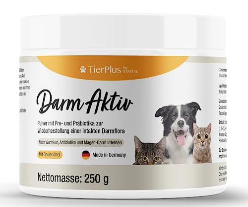 EXVital TierPlus Darm Aktiv Pulver für Hunde & Katzen, Probiotika & Präbiotika für eine gesunde Darmflora- Nach Durchfall, Wurmkur, Antibiotika & Magen- Darm von EXVital