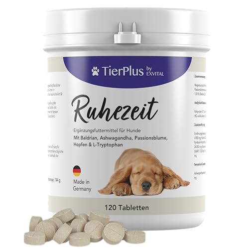 TierPlus Ruhezeit Tabletten für Hunde, Relax Tabs mit Baldrian, Ashwagandha, Hanföl, Hopfen, L-Tryptophan & Passionsblume, 120 Tabletten, Hochdosiert & mit Soforteffekt von EXVital