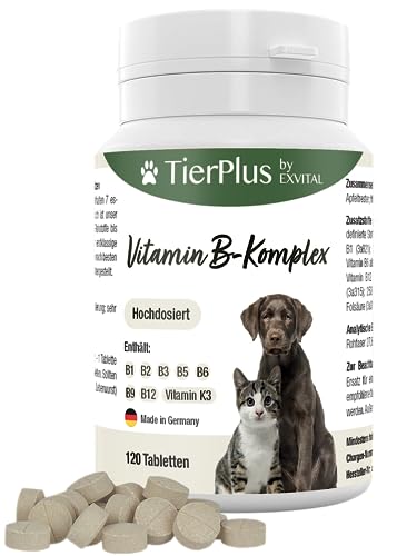 Tierplus Vitamin B Komplex für Hunde & Katzen- B1, B2, B3, B5, B6, B9, B12, K3, 120 Tabletten, hochdosiert- Made in Germany von EXVital