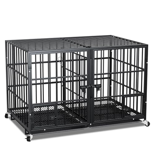 EZ4ENCE Hundekäfig aus Metall, für große Hunde, 106,7 cm, robuster Hundekäfig mit Trennwand, abschließbare Räder, unzerstörbare Fallkäfige für Hunde mit abnehmbarem Tablett, ausbruchsichere Schlösser von EZ4ENCE
