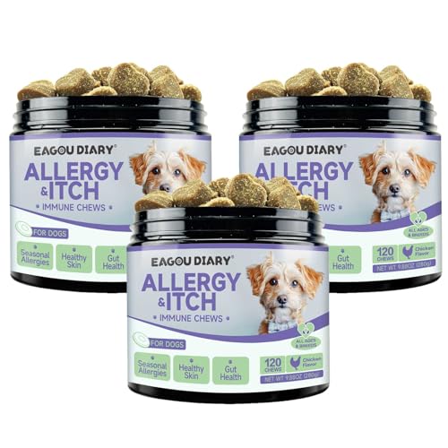 3er-Pack Kautabletten für Hunde – Nahrungsergänzungsmittel gegen Juckreiz und Allergien für Hunde mit Omega 3, Kolostrum, Taurin – 360 Stück von Eagou Diary
