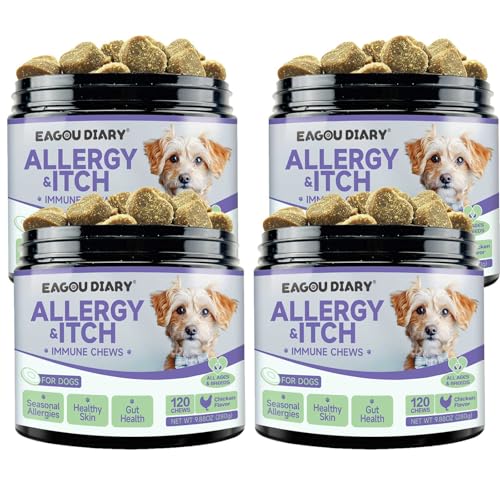 4er-Pack Kautabletten für Hunde – Nahrungsergänzungsmittel gegen Juckreiz und Allergien für Hunde mit Omega 3, Kolostrum, Taurin – 480 Stück von Eagou Diary
