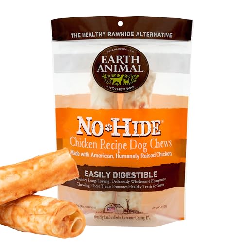 Earth Animal No Hide Medium Leckerli mit Hühnerfleischgeschmack, natürlich, ohne Rohhaut; Langlebige Leckerli für Hunde – Leckerli für Hunde mittelgroßer Rassen (2 Kausnacks für Hunde) von Earth Animal