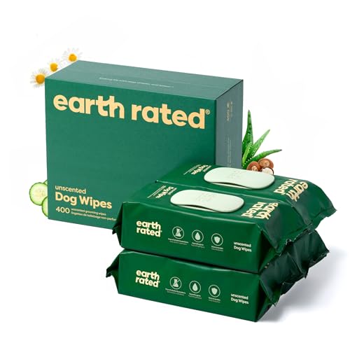 Earth Rated Feuchttücher für Hunde, neues aussehen, dicke Pflegetücher auf pflanzlicher Basis zur einfachen Anwendung an Pfoten, Körper und Hintern, unparfümiert, 400 Stück von Earth Rated