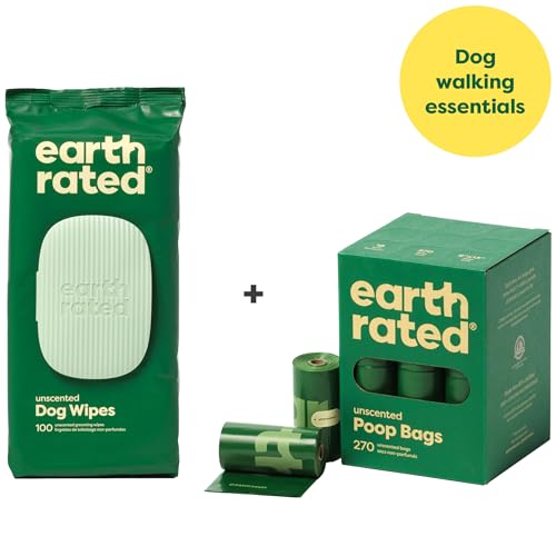 Earth Rated Hundekotbeutel, garantiert auslaufsicher und extra dicke Kotbeutel, Nachfüllrollen für Hunde, unparfümiert, 270 Stück, mit Earth Rated Feuchttücher für Hunde, unparfümiert, 100 Stück von Earth Rated
