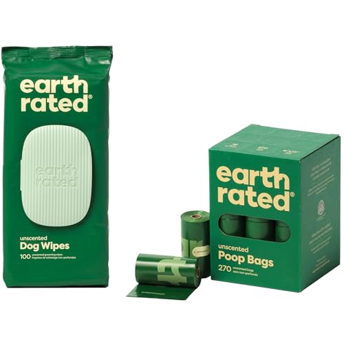 Earth Rated Hundekotbeutel, garantiert auslaufsicher und extra dicke Kotbeutel, Nachfüllrollen für Hunde, unparfümiert, 270 Stück, mit Earth Rated Feuchttücher für Hunde, unparfümiert, 100 Stück von Earth Rated