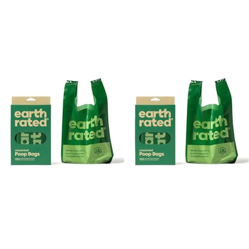 Earth Rated Hundekotbeutel, neues aussehen, mit Henkeln, leicht zu verknoten und garantiert auslaufsicher, unparfümiert, 120 Henkelbeutel (Packung mit 2) von Earth Rated