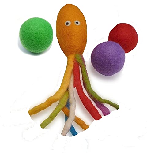Earthtone Solutions Filz-Katzenspielzeug – weiche, handgefertigte Wolle, Regenbogen-Krakenfisch, plus 3 lustige, aber leise, bunte Filzbälle ohne Katzenminze für Hauskatzen und Kätzchen von Earthtone Solutions