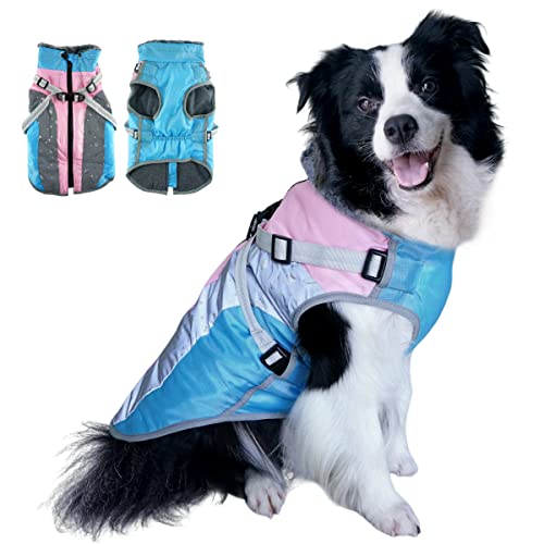 EASTLION Hundemantel Warme Jacke, reflektierende Haustier Mantel wasserdichte Schneeanzug Outdoor Mantel mit abnehmbarem Geschirr für mittlere große Hunde Rosa-Hellblau 4XL von Eastlion
