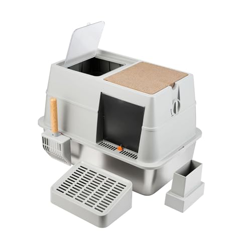 Edelstahl-Katzentoilette mit Deckel, XXL Katzenklo Rostfreier, 3-in-1 Katzentoilette aus Stahl, Große Metallkatzentoilette geschlossene,mit Pedals, Schaufel und Kratzbrett von EasyBuyCat