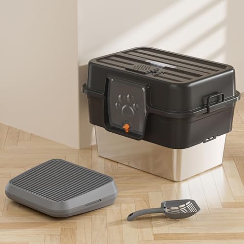 Katzenklo Edelstahl mit Deckel, Katze Müll Box Groß Katzentoilette XXXL Katzenklo Geschlossen mit Pedal, Müll Matte, Nicht klebrig, Geruchsfrei, für große Katzen/mehrere Katzen(dunkelgrau) von EasyBuyCat