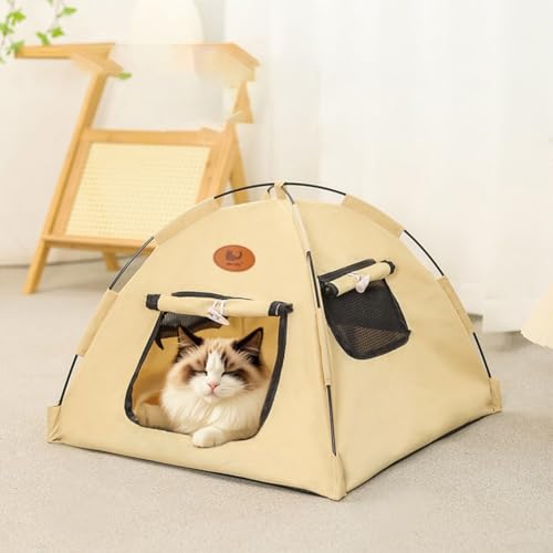 Wasserdichtes Katzenhaus für draußen, Haustierzelt, faltbar, Camping, Outdoor, atmungsaktives Haustierhaus mit Vorhängen und Fenstern, Beige (M) von EasyByMall