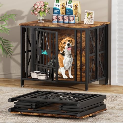 Easycom Hundebox Möbel, 80.0 cm montagefreie Hundeboxen für kleine Hunde mit Holzrückwand, Faltbare Hundehütte Indoor mit Tag & Verstellbare Hundenäpfe, Hundekäfig Verwendung als TV-Ständer von EasyCom