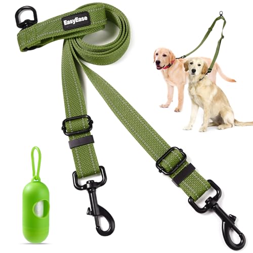Doppelte Hundeleine, Multifunktionale Heavy Duty 360° Tangle Free Grün Zwei Hundeleine, Verstellbare Reflektierende Nylon Hundeleine für 2 Hunde mit Reflexstreifen von EasyEase