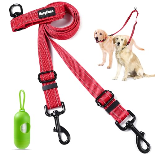 Doppelte Hundeleine, Multifunktionale Heavy Duty 360° Tangle Free Red Two Dog Leash, Verstellbare Reflektierende Nylon Hundeleine für 2 Hunde mit Reflexstreifen von EasyEase