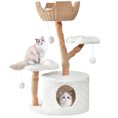 Easyego Moderner Katzenbaum, ästhetischer Holz-Katzenbaumturm für große Katzen, Luxus-Katzenhütte mit Kratzbäumen und Blumenplattformen, Katzenmöbel von Easyego, Kaninchenhaar, Weiß von Easyego