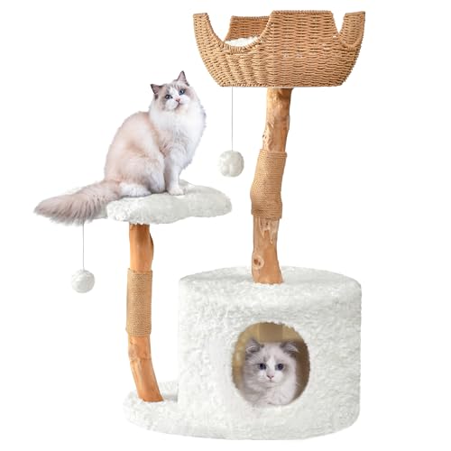 Easyego Moderner Katzenbaum, ästhetischer Holz-Katzenbaumturm für große Katzen, Luxus-Katzenhütte mit Kratzbäumen und Blumenplattformen, Katzenmöbel von Easyego, Kaninchenhaar, Weiß von Easyego