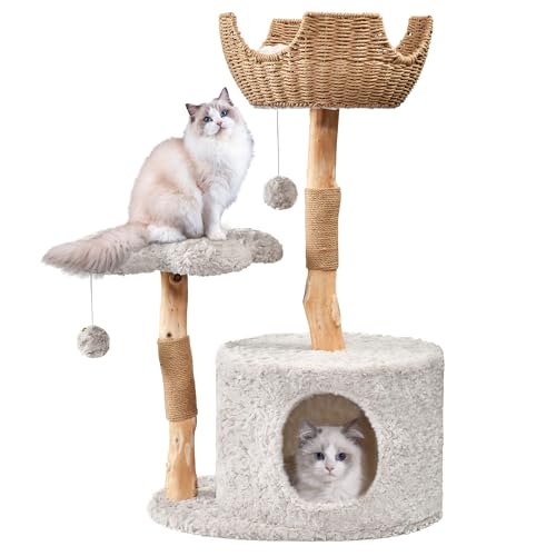 Easyego Moderner Katzenbaum, ästhetischer Holz-Katzenbaumturm für große Katzen, Luxus-Katzenhütte mit Kratzbäumen und Blumenplattformen, Katzenmöbel von Easyego, Kaninchenhaar - Bullet Gray) von Easyego