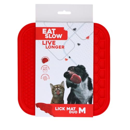 Eat Slow Live Longer Duo Leckmatte - 21 x 21 cm - Quadratisch - Schnüffelmatte - Anti-Schnüffelmatte - Slowfeeder - 100% Silikon - Spülmaschinenfest - Größe M - Rot von Eat Slow Live Longer