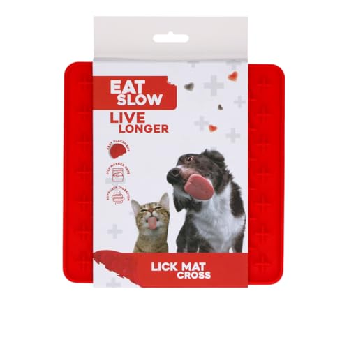 Eat Slow Live Longer Licking Mat Crosses - 19 x 19 cm - Quadratisch - Schnüffelmatte - Anti-Schnüffelmatte - Slow Feeder - Ablenkung - Hunde und Katzen - 100% Silikon - Spülmaschinenfest - Rot von Eat Slow Live Longer